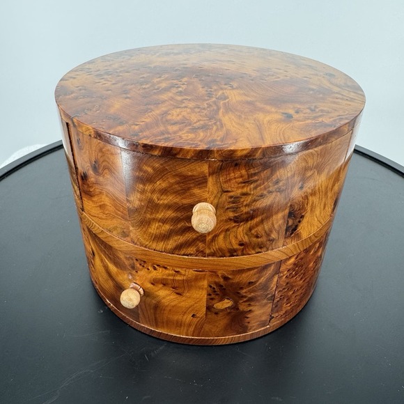 Morocco Jewellery Box Thuya Wood Aromatic Marquetry 2 Drawer Cylinder Drum Heavy - Picture 2 of 14